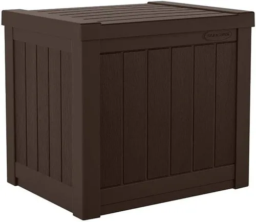Suncast - Caja pequeña de 22 galones y resina ligera para asiento y almacenamiento en terraza exterior de cojines de patio, herramientas de Marrón