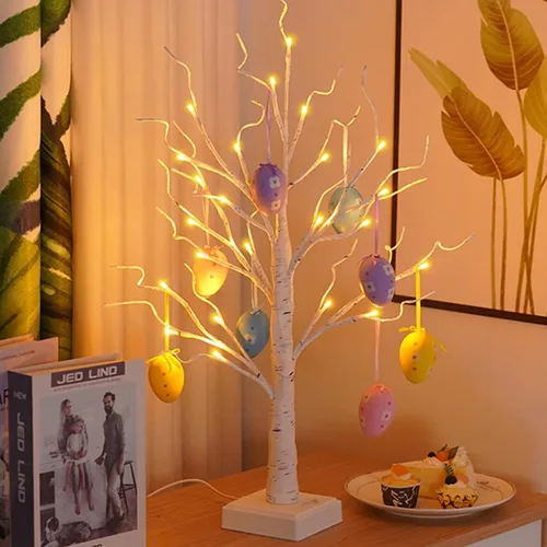 Lámpara de árbol de Pascua iluminada, decoración de Pascua para mesa, mini árbol de abedul artificial, decoración de bonsái para dormitorio, mesita