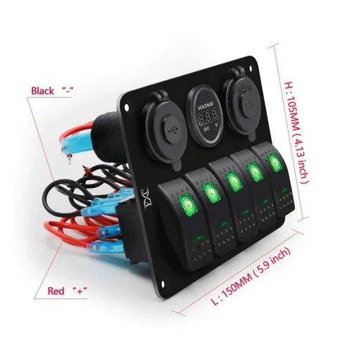 Miniatura 6 de FXC Interruptor basculante de 5 segmentos con doble ranura USB de 5 V 3.1 A + medidor de voltios + encendedor de cigarrillos para lanchas marinas