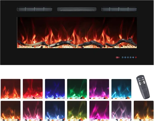 Insertos de chimeneas eléctricas de 30", calentador de chimenea empotrado y montado en la pared con termostato, llamas multicolores, temporizador,