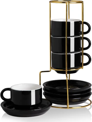Miniatura 30 de Sweejar - Tazas de café de porcelana con platillos, tazas de capuchino apilables de 4 onzas con soporte de metal para bebidas de café, café