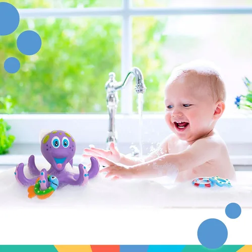 Miniatura 6 de Nuby Pulpo morado flotante con 3 anillos de hoopla interactivo juguete de baño