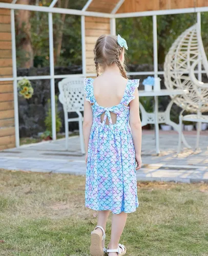 Miniatura 4 de Vieille Vestido de verano para niñas pequeñas, con volantes, manga corta, lindo vestido de sirena sin espalda para niños, vestido de playa casual