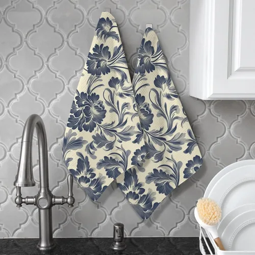 Miniatura 2 de Juego de 2 paños de cocina con pintura gris retro con estampado de flores grises, toallas absorbentes para cocina de Pascua, toalla de mano lavable