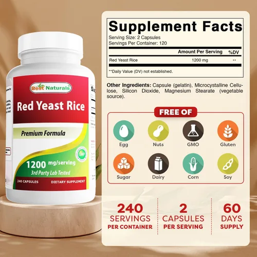 Miniatura 2 de Best Naturals Arroz de levadura roja, 1200 mg por porción, 240 cápsulas, fórmula premium, probado en laboratorio de terceros