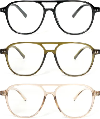 Miniatura 2 de MMOWW - Paquete de 3 anteojos de lectura de aviación de gran tamaño para mujeres y hombres, estilo piloto con doble puente, elegantes, con bloqueo