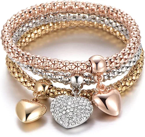 SILANER Pulseras multicapa con dijes de cristal, 3 unidades, oro y plata, oro rosa, pulsera elástica en forma de corazón para mujer, árbol de la vida