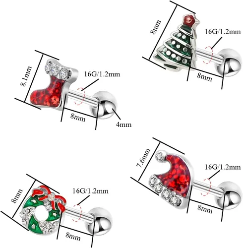 Miniatura 2 de VERAMI 4 aretes de cartílago de 16G 316L de acero inoxidable para árbol de Navidad, corona, sombrero de Navidad, botas, hélix, tragus, concha