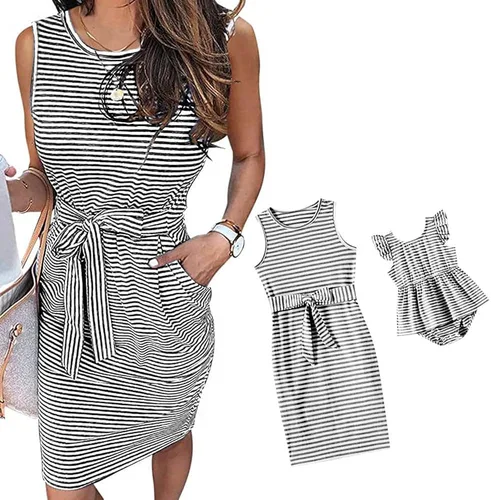 IFFEI Mommy and Me - Vestidos de verano para mujer, sin mangas, a rayas, vestido casual con lazo en la cintura, mini vestidos familiares a juego