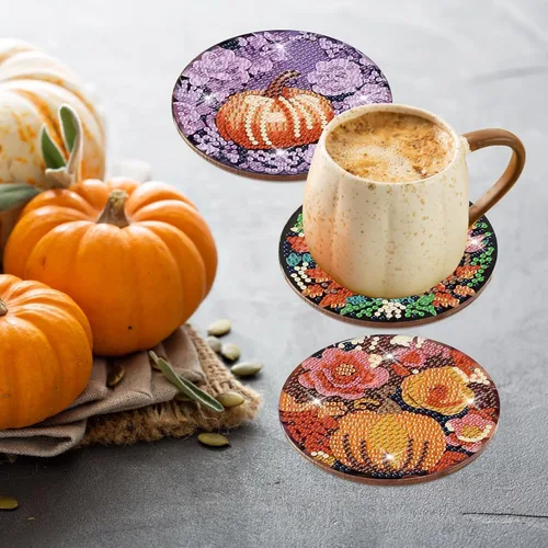 Miniatura 4 de Denylo pro 8 piezas de kits de posavasos de arte de diamante de calabaza de otoño con soporte DIY arte de diamante de calabaza de otoño posavasos