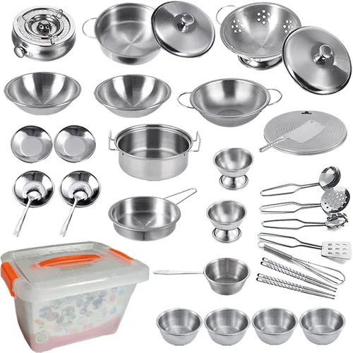 Miniatura 7 de Juego de juguetes de cocina de tamaño mini para niños, accesorios con utensilios de cocina de acero inoxidable, juego de ollas y sartenes de acero