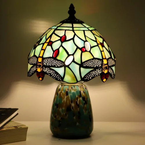 Miniatura 9 de Lámpara de mesa de hongo Tiffany estilo libélula lámpara de acento de vidrio teñido azul marino base de vidrio marrón azul 8X8X12 pulgadas
