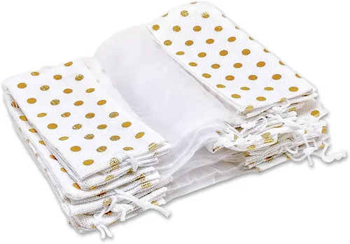 Miniatura 6 de Paquete de 12 bolsas de regalo pequeñas de lino, arpillera y organza con cordones (3.5 x 5.5 pulgadas, lunares blancos/dorados) - Recuerdos