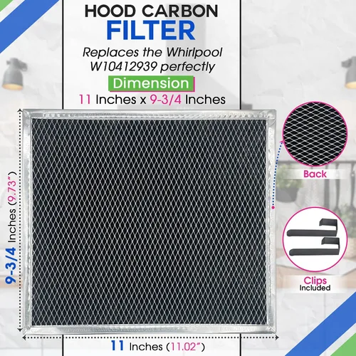 Miniatura 3 de Filtro de carbón de repuesto para filtro de campana extractora Whirlpool W10412939 de 11.02 x 9.73 pulgadas – Filtros de grasa de carbón para estufa