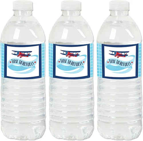 Big Dot of Happiness Taking Flight - Paquete de 20 etiquetas adhesivas para botella de agua con diseño de avión vintage para baby shower, fiesta de