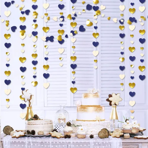 Miniatura 5 de 52 pies Guirnalda de corazón de amor dorado azul marino para decoración de fiesta del día de San Valentín Bandera de serpentina colgante azul real