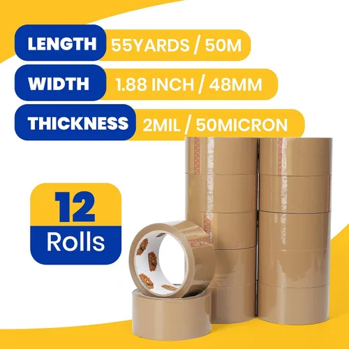 Miniatura 2 de TAPEBEAR Cinta de embalaje marrón, 12 rollos, repuestos de cinta de embalaje resistente de 1.88 pulgadas x 55 yardas para cajas, cinta marrón