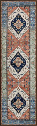 Miniatura 3 de Beeiva Alfombra de pasillo lavable oriental con medallón tribal vintage de 2 x 7 pies con respaldo de goma, medallón tribal vintage no Óxido/Azul