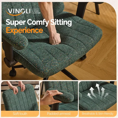 Miniatura 3 de VINGLI Silla cruzada con brazos abatibles ajustables, silla de patas cruzadas con ruedas, silla de oficina extra ancha, silla de escritorio