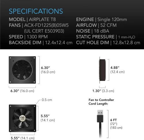 Miniatura 6 de AC Infinity AIRPLATE T8, sistema silencioso de refrigeración doble ventilador de 6" con control de termostato, para gabinetes AV de cine en casa