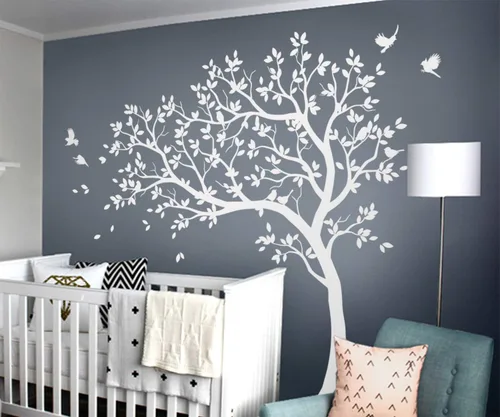 Miniatura 11 de Calcomanías de pared para árbol grande, calcomanías de árbol inclinado con pájaros, mural de vinilo decorativo KW032