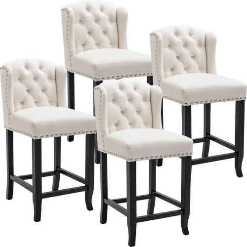 Miniatura 11 de LukeAlon Juego de 2 taburetes de bar clásicos de terciopelo de 30 pulgadas, sillas de bar altas con respaldo de alas con botones y patas de madera