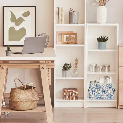 Miniatura 4 de Caja de almacenamiento de lazo floral azul y blanco con asas, cesta organizadora plegable de flores de estilo francés Toile de Jouy, caja
