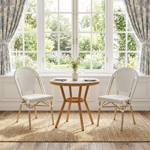 Miniatura 47 de PURPLE LEAF Juego de 1 silla de comedor al aire libre, marco de aluminio francés en acabado de bambú con ratán tejido ámbar y blanco para cocina
