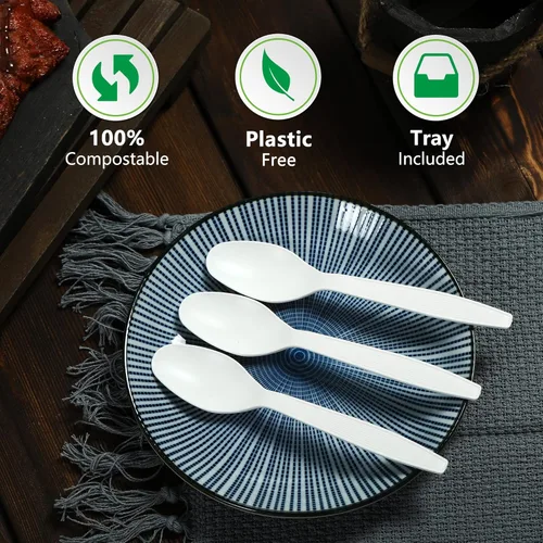 Miniatura 4 de Cuchara compostable, 100 cubiertos biodegradables para fiestas, grandes utensilios desechables ecológicos, duraderos y resistentes al calor