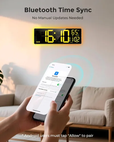 Miniatura 3 de EASYERA Reloj de pared digital grande de 16.5 pulgadas con sincronización BT, luces RGB con control remoto de 11 escenas, reloj LED grande