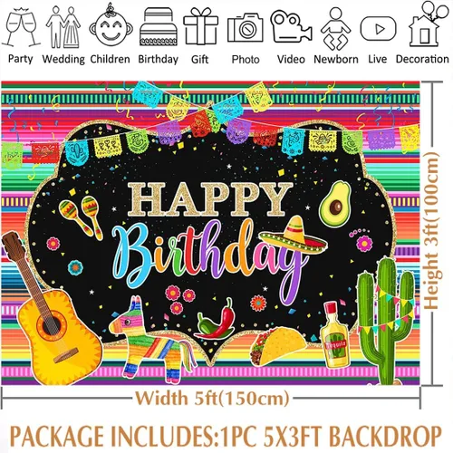Miniatura 3 de Avezano Telón de fondo para fiesta de cumpleaños con temática mexicana, fondo de fotografía de feliz cumpleaños, guitarra mexicana, cactus, taco