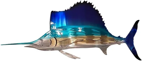 Fauitay Decoración interior de pez vela de metal para colgar en la pared, escultura de medusa de tortuga marina de metal, decoración de pared para