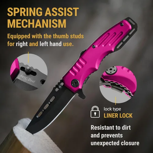 Miniatura 5 de Cuchillo de bolsillo con bloqueo de seguridad para mujeres - Cuchillo asistido por resorte, cuchillos lindos - Accesorio de herramienta de 2. Rosa