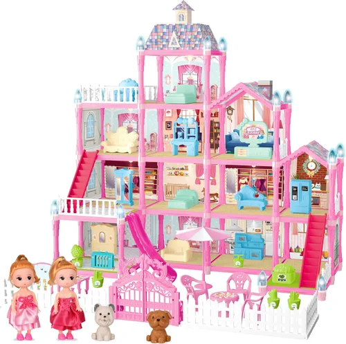Miniatura 7 de Seifar Juego de casa de muñecas para niños y niñas, 4 pisos, 13 habitaciones, 2 muñecas y 2 cachorros, muebles y accesorios para niñas de 5, 6, 7, 8