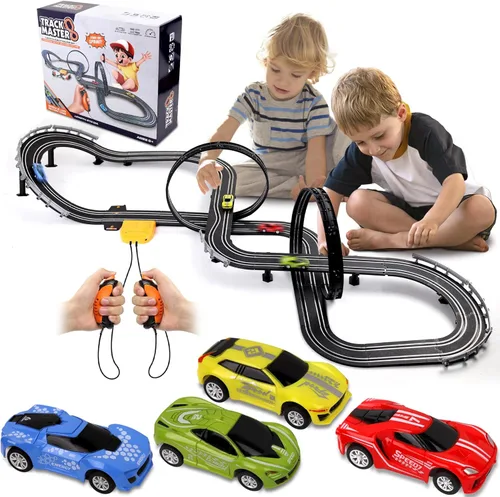 Miniatura 8 de Conjuntos de pistas de carreras de autos de ranura con 4 autos de carreras de alta velocidad, pista de carreras eléctrica de 20 pies para niños