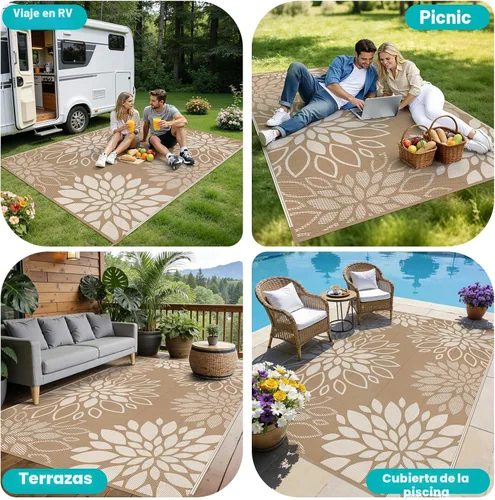 Miniatura 9 de HEBE Alfombra impermeable para exteriores de 5 x 8 pies para patios, alfombra de paja de plástico reversible floral, alfombra de patio, alfombra