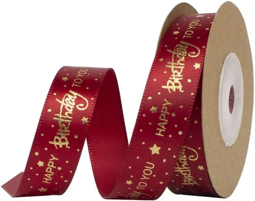 Miniatura 8 de Cinta de feliz cumpleaños de 1 pulgada, cintas de satén de cumpleaños rojas con estampado dorado para decoración de cumpleaños, envoltura