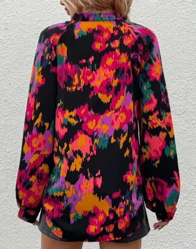 Miniatura 4 de KAYWIDE Blusas holgadas con cuello en V y manga larga para mujer, estilo bohemio, con estampado abstracto y a la moda