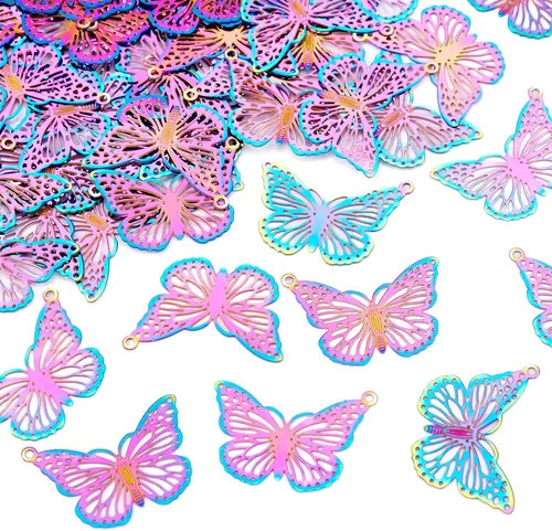 Miniatura 6 de FASHEWELRY 50 piezas de conectores de filigrana de mariposa de acero inoxidable, adornos de metal grabados con arco iris para fabricación de joyas