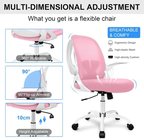 Miniatura 6 de Primy Silla de oficina ergonómica con soporte lumbar ajustable y altura, silla giratoria de malla transpirable para computadora con reposabrazos Rosa