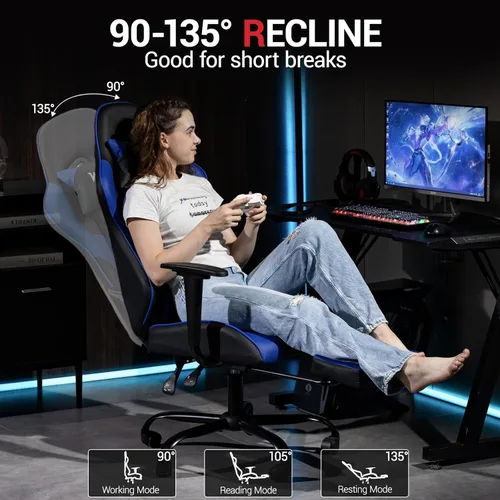 Miniatura 5 de Silla para juegos con reposapiés, silla de escritorio ergonómica para PC con reposacabezas y soporte lumbar de masaje, silla de videojuegos