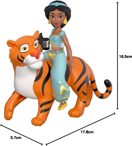 Miniatura 8 de Mattel Disney Princess Jasmine Muñeca pequeña y figura de tigre Rajah con asiento, de Mattel Disney Movie Aladdin
