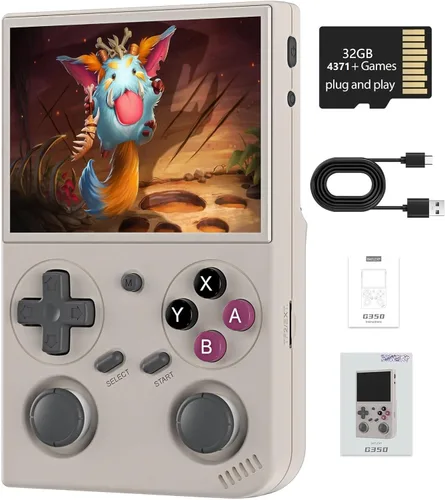 Consola de juegos de mano retro G350, sistema Linux de 3.5 pulgadas con pantalla IPS, tarjeta TF de 64G incorporada, 4371 juegos precargados,