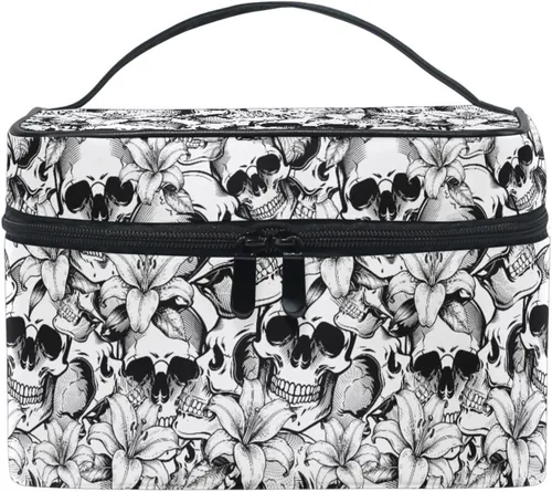 Miniatura 16 de Bolsa de Maquillaje, Estuche de Maquillaje Organizador de Viaje con Diseño de Calavera y Flores, Estuche de Cosméticos, Bolsas de Aseo para Niñas