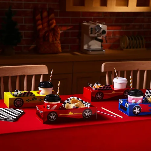 Miniatura 5 de Lincia 12 cajas de comida para fiestas de autos de carreras, suministros para fiestas de cumpleaños, bandejas de alimentos con cajas de aperitivos