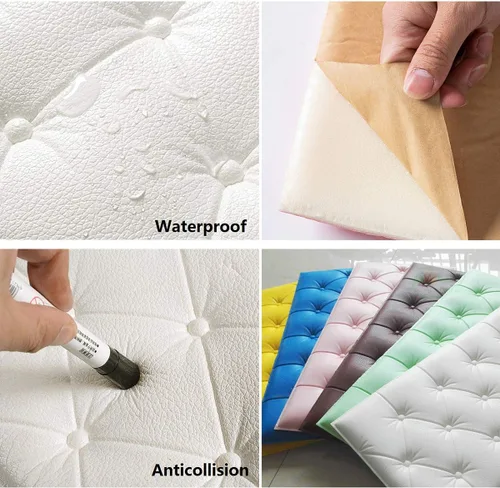 Miniatura 4 de Paneles de pared de espuma autoadhesivos 3D, 23.6 x 11.8 pulgadas, decoración de cuero revestido de cuero, anti-colisión, cojín suave para cubrir