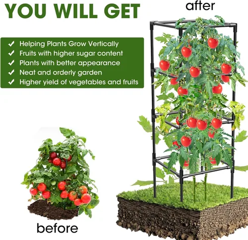 Miniatura 4 de Paquete de 3 jaulas de tomate, estacas cuadradas para plantas de tomate, jaulas de soporte para jardín, escalada, verduras, flores, frutas, extra