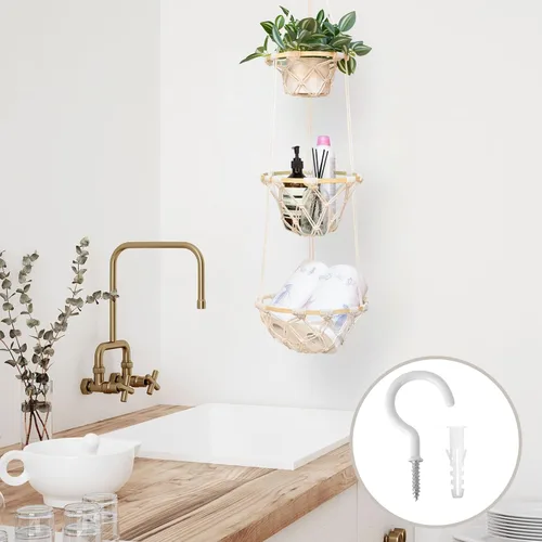 Miniatura 7 de Cesta de frutas colgante de macramé, soporte bohemio para verduras para almacenamiento de alimentos Kichen con gancho, organizador de productos