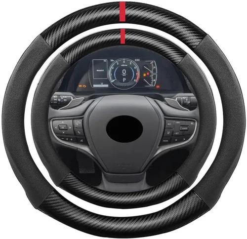 Miniatura 17 de Funda de volante de ante con fibra de carbono de K LAKEY, compatible con Porsche 718 Boxster Cayman 911 Panamera Macan Cayenne de 15 pulgadas, cuero