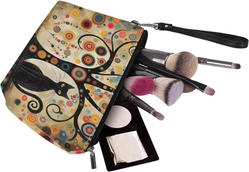 Miniatura 4 de Howilath Abstract Art Cat Cosmetic Pouch for Women PU Leather Toiletry Storage Bag Trapezoid Makeup Bags with Wrist Strap